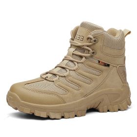 Large Size Combat Boots Men Desert Camping Non-slip Wear-resistant Sport High Top Footwear Outdoor Mountaineering Casual Shoes (Color: Beige, size: 39)